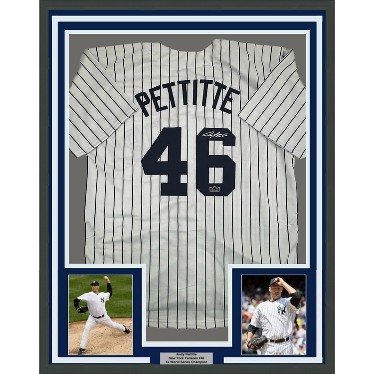 Framed Facsimile Autographed Andy Pettitte 35x39 New York Pinstripe Reprint Laser Auto Baseball Jersey