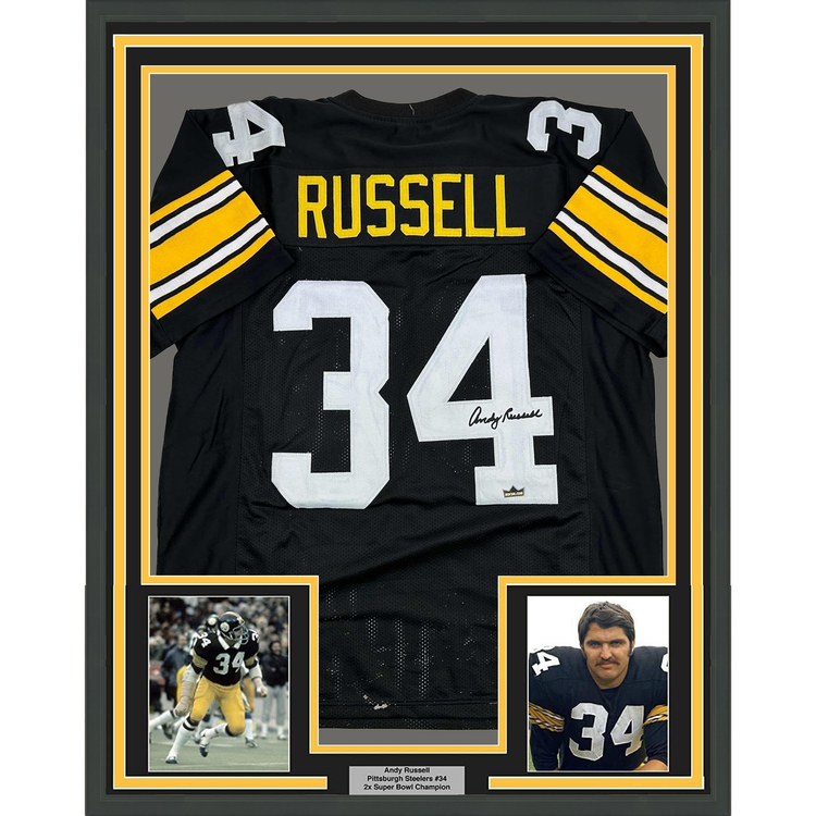 Framed Facsimile Autographed Andy Russell 35x39 Pittsburgh Black Reprint Laser Auto Football Jersey