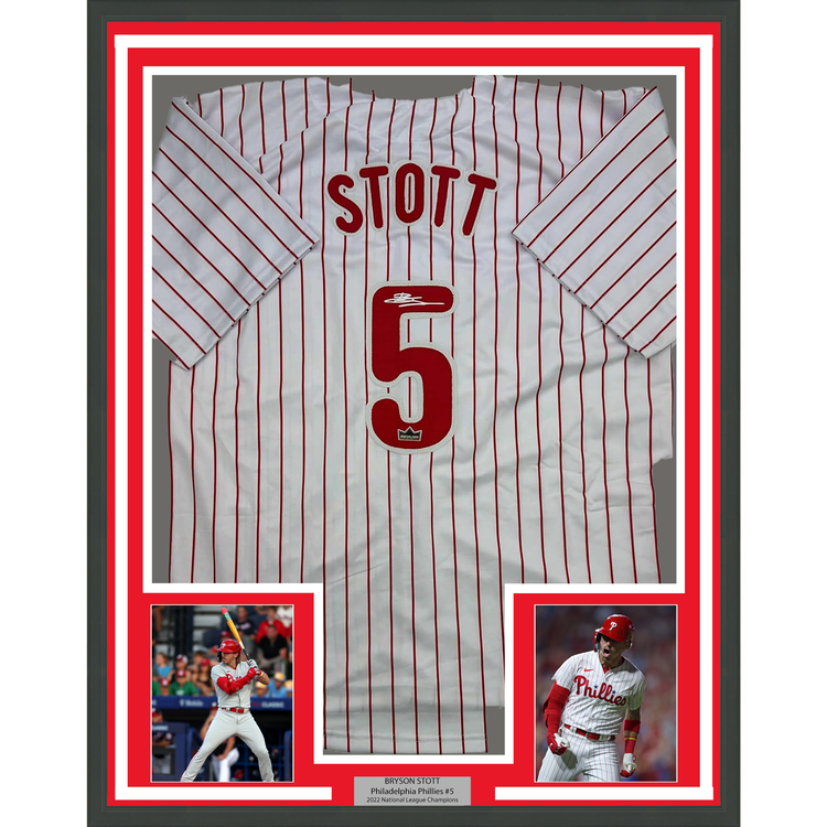 Framed Facsimile Autographed Bryson Stott 35x39 Philadelphia Pinstripe Reprint Laser Auto Baseball Jersey