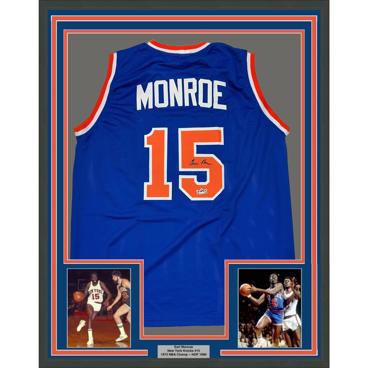 Framed Facsimile Autographed Earl Monroe 35x39 New York Blue Reprint Laser Auto Basketball Jersey