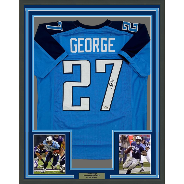 Framed Facsimile Autographed Eddie George 35x39 Tennessee Blue Reprint Laser Auto Football Jersey