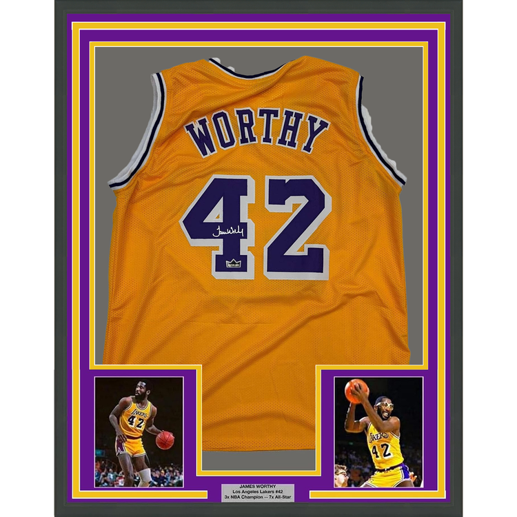 Framed Facsimile Autographed James Worthy 35x39 Los Angeles LA Yellow Reprint Laser Auto Basketball Jersey