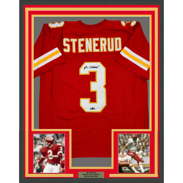 Framed Facsimile Autographed Jan Stenerud 35x39 Kansas City Red Reprint Laser Auto Football Jersey