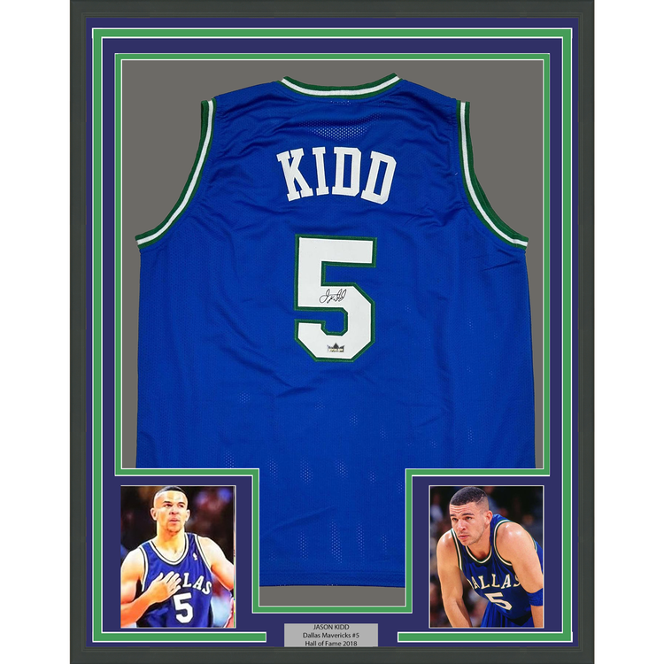 Framed Facsimile Autographed Jason Kidd 35x39 Dallas Blue Reprint Laser Auto Basketball Jersey