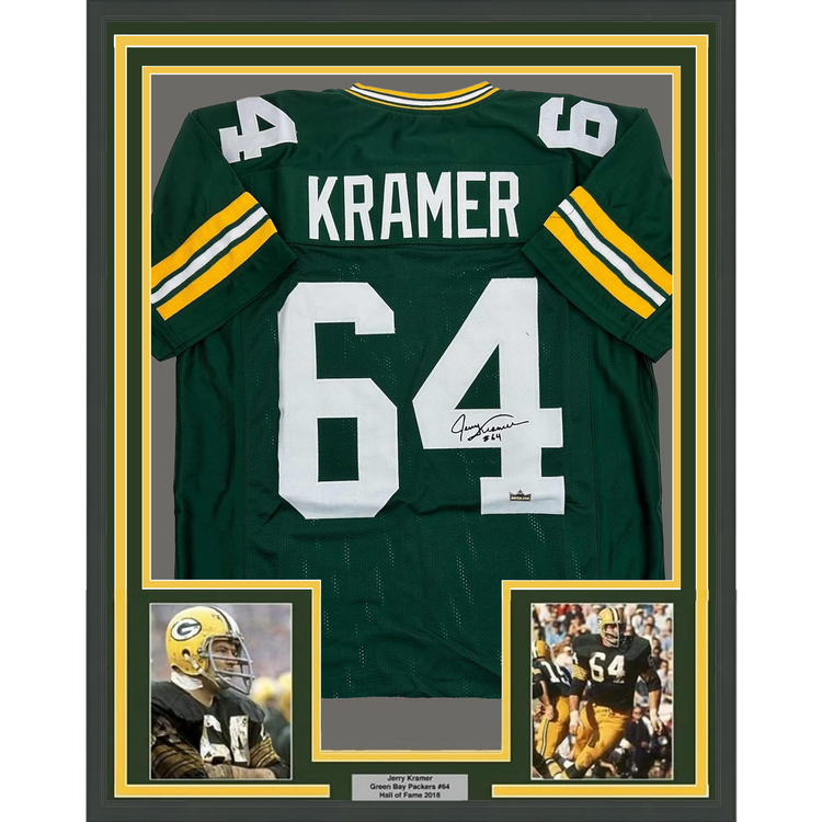 Framed Facsimile Autographed Jerry Kramer 35x39 Green Bay Green Reprint Laser Auto Football Jersey