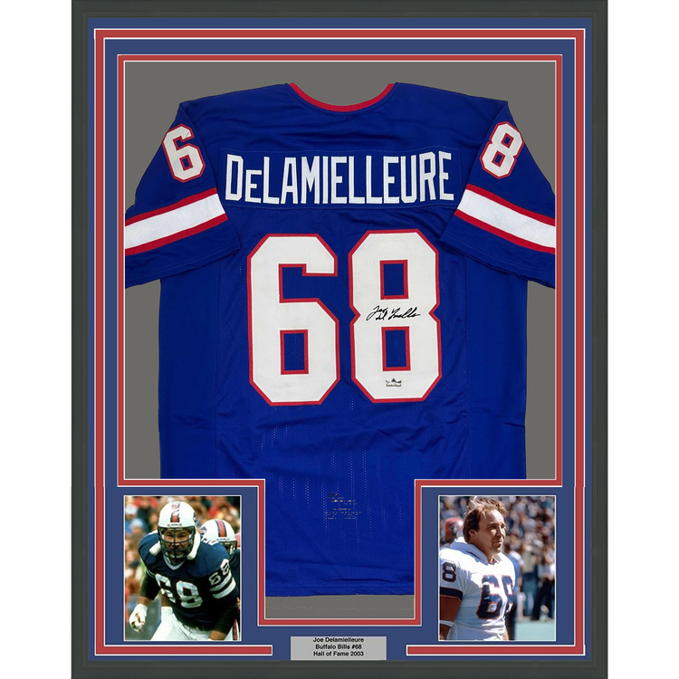 Framed Facsimile Autographed Joe DeLamielleure 35x39 Buffalo Blue Reprint Laser Auto Football Jersey