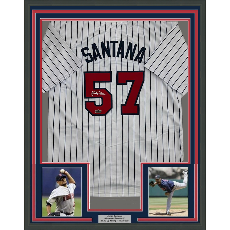 Framed Facsimile Autographed Johan Santana 35x39 Minnesota Pinstripe Reprint Laser Auto Baseball Jersey