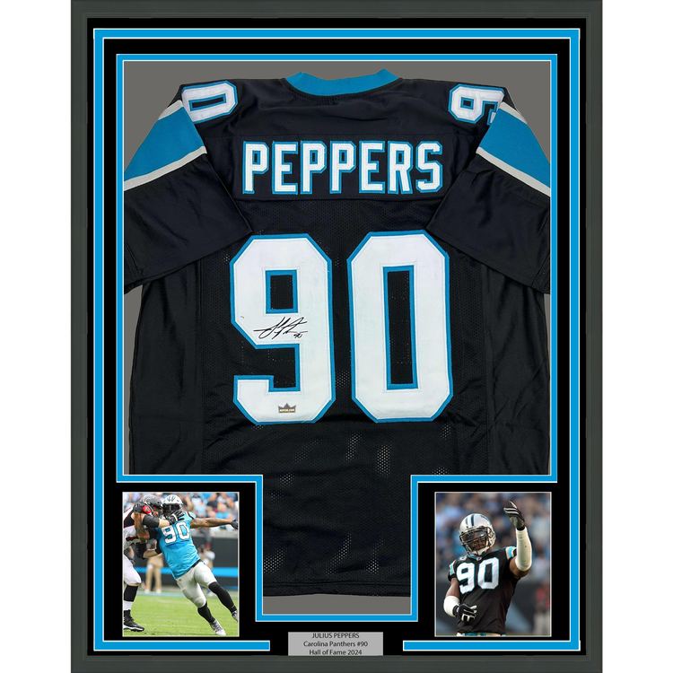 Framed Facsimile Autographed Julius Peppers 35x39 Carolina Black Reprint Laser Auto Football Jersey