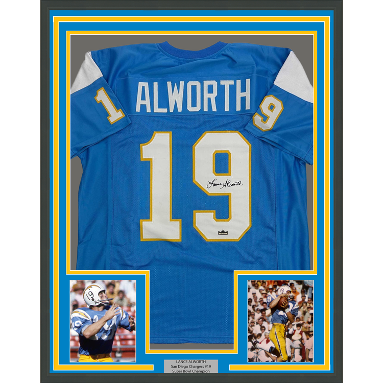 Framed Facsimile Autographed Lance Alworth 35x39 San Diego Powder Blue Reprint Laser Auto Football Jersey