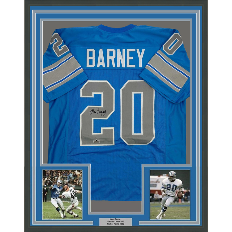 Framed Facsimile Autographed Lem Barney 35x39 Detroit Blue Reprint Laser Auto Football Jersey