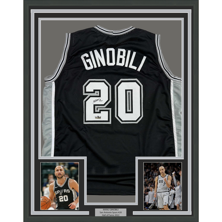 Framed Facsimile Autographed Manu Ginobili 35x39 San Antonio Black Reprint Laser Auto Basketball Jersey