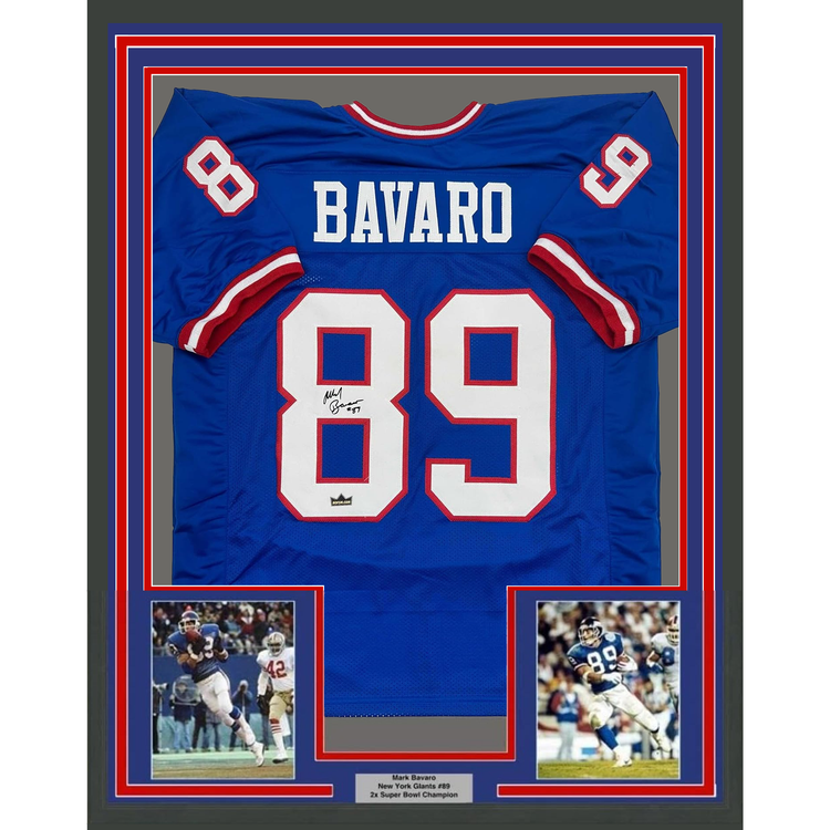 Framed Facsimile Autographed Mark Bavaro 35x39 New York Blue Reprint Laser Auto Football Jersey
