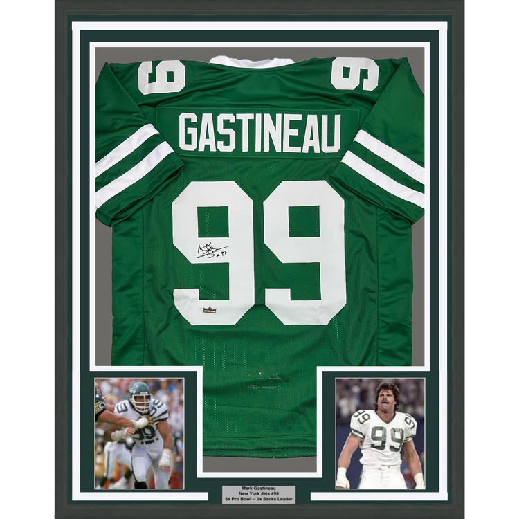 Framed Facsimile Autographed Mark Gastineau 35x39 New York Green Reprint Laser Auto Football Jersey