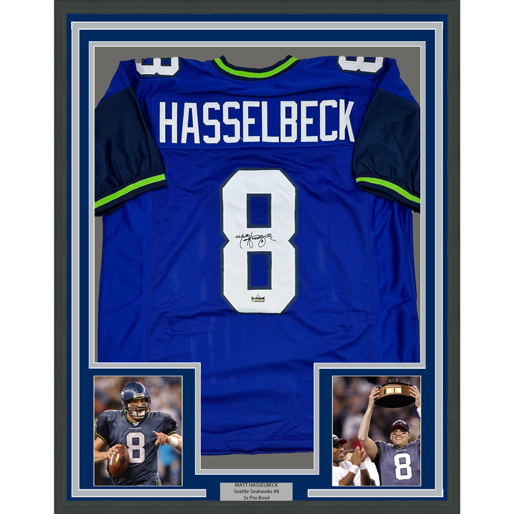 Framed Facsimile Autographed Matt Hasselbeck 35x39 Seattle Blue Reprint Laser Auto Football Jersey