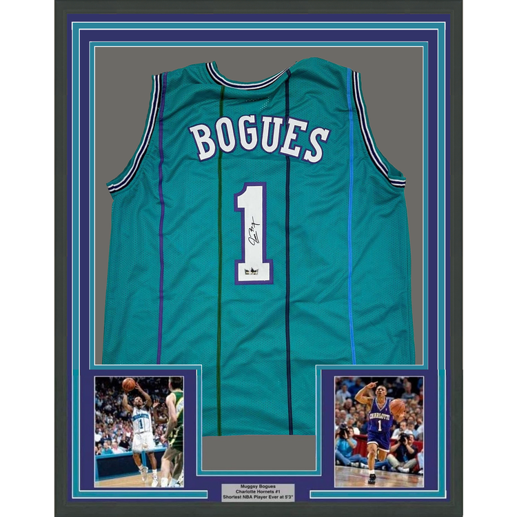 Framed Facsimile Autographed Muggsy Bogues 35x39 Charlotte Teal Reprint Laser Auto Basketball Jersey