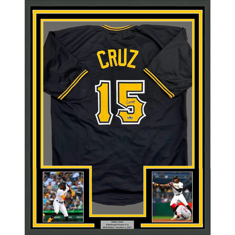 Framed Facsimile Autographed Oneil Cruz 35x39 Pittsburgh Black Reprint Laser Auto Baseball Jersey
