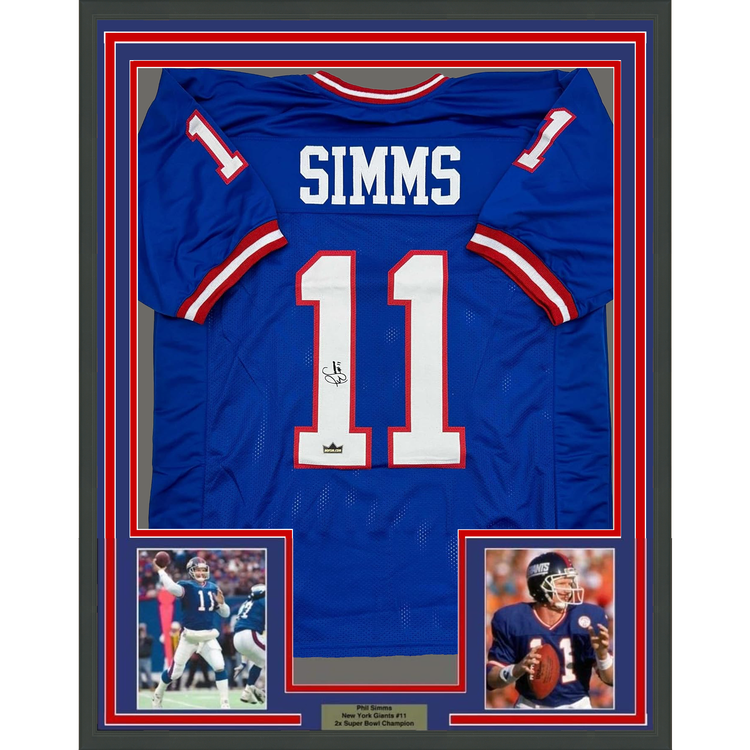Framed Facsimile Autographed Phil Simms 35x39 New York Blue Reprint Laser Auto Football Jersey