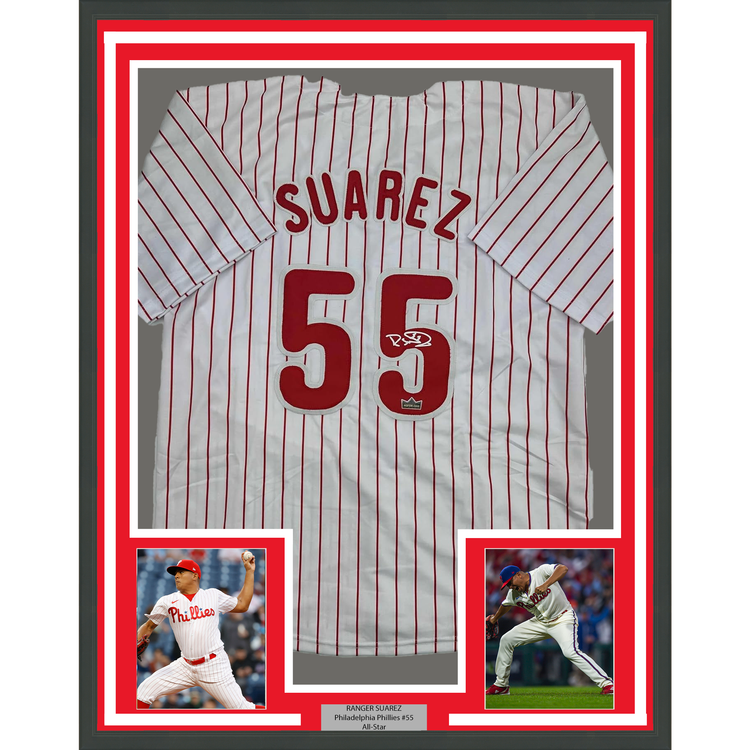 Framed Facsimile Autographed Ranger Suarez 35x39 Philadelphia Pinstripe Reprint Laser Auto Baseball Jersey