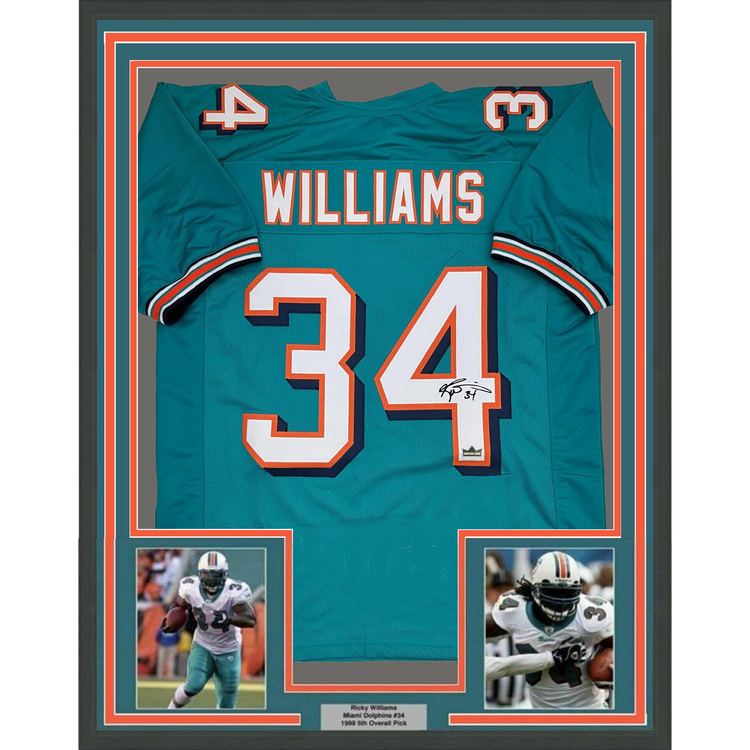 Framed Facsimile Autographed Ricky Williams 35x39 Miami Teal Reprint Laser Auto Football Jersey