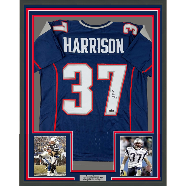 Framed Facsimile Autographed Rodney Harrison 35x39 New England Blue Reprint Laser Auto Football Jersey