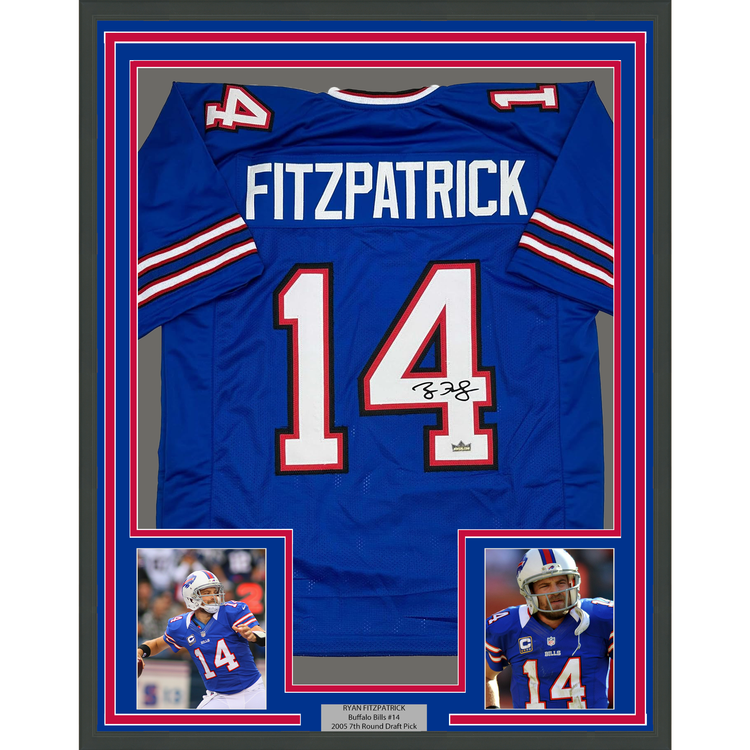 Framed Facsimile Autographed Ryan Fitzpatrick 35x39 Buffalo Blue Reprint Laser Auto Football Jersey