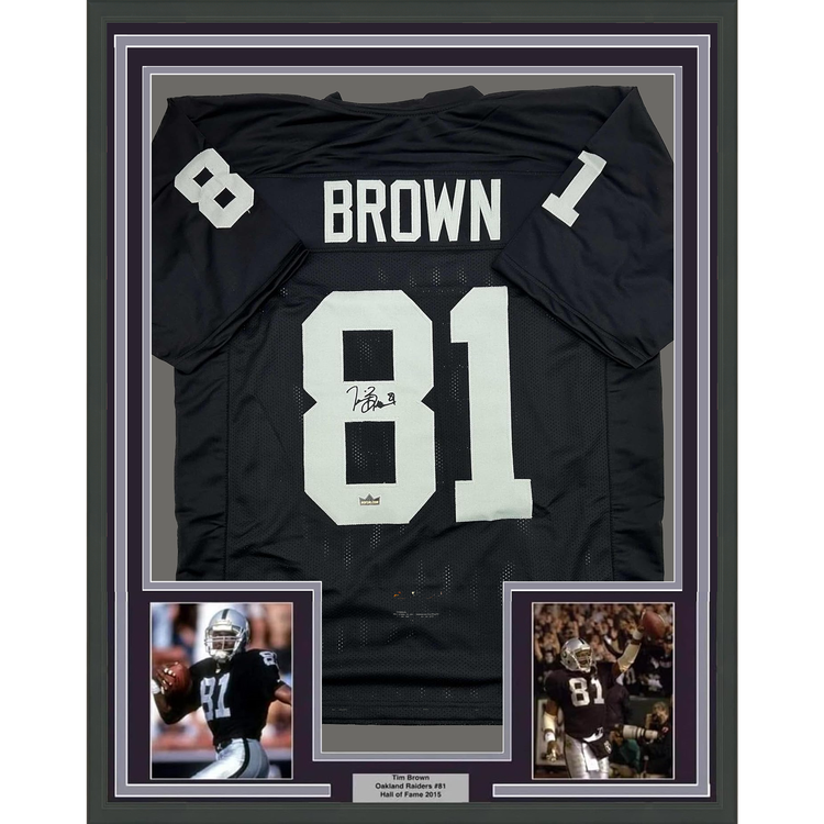 Framed Facsimile Autographed Tim Brown 35x39 Oakland Las Vegas Black Reprint Laser Auto Football Jersey