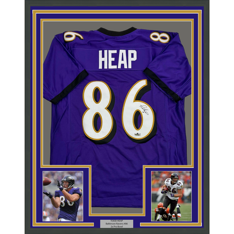 Framed Facsimile Autographed Todd Heap 35x39 Baltimore Purple Reprint Laser Auto Football Jersey