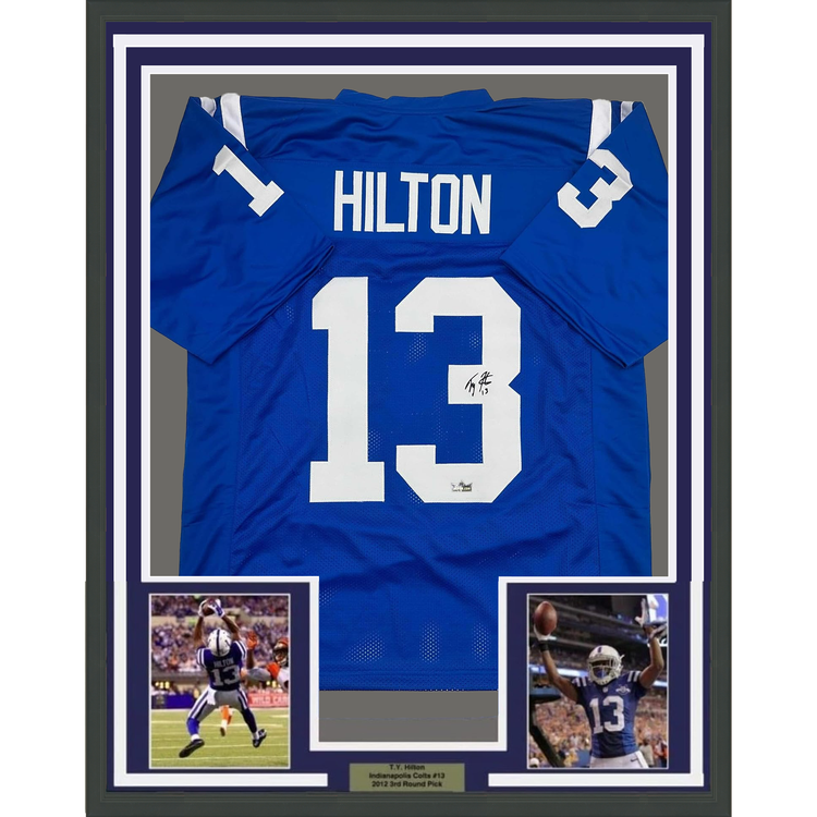Framed Facsimile Autographed T.Y. TY Hilton 35x39 Indianapolis Blue Reprint Laser Auto Football Jersey
