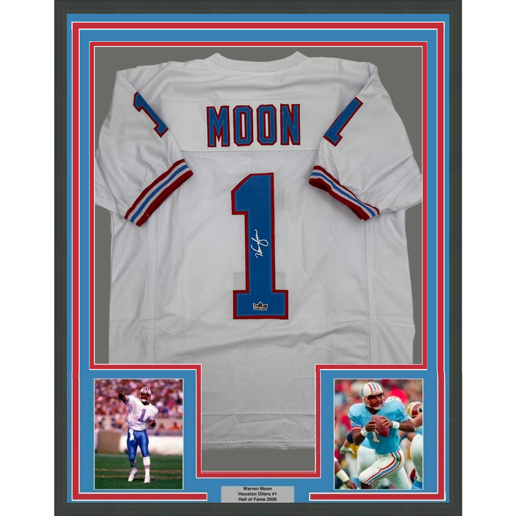 Framed Facsimile Autographed Warren Moon 35x39 Houston White Reprint Laser Auto Football Jersey