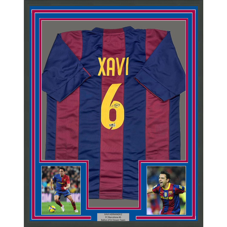 Framed Facsimile Autographed Xavi Hernandez 35x39 FC Barcelona Blue/Red Reprint Laser Auto Soccer Jersey