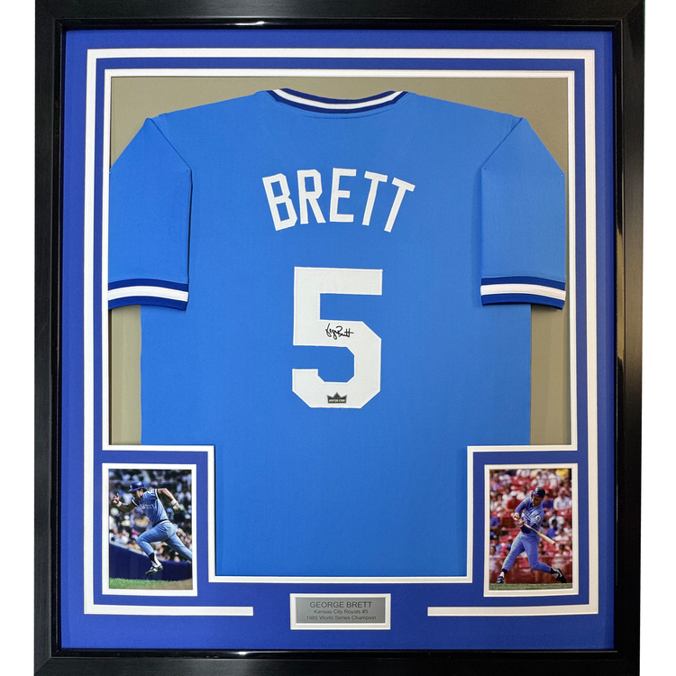 Framed Facsimile Autographed George Brett 35x39 Kansas City Blue Reprint Laser Auto Baseball Jersey