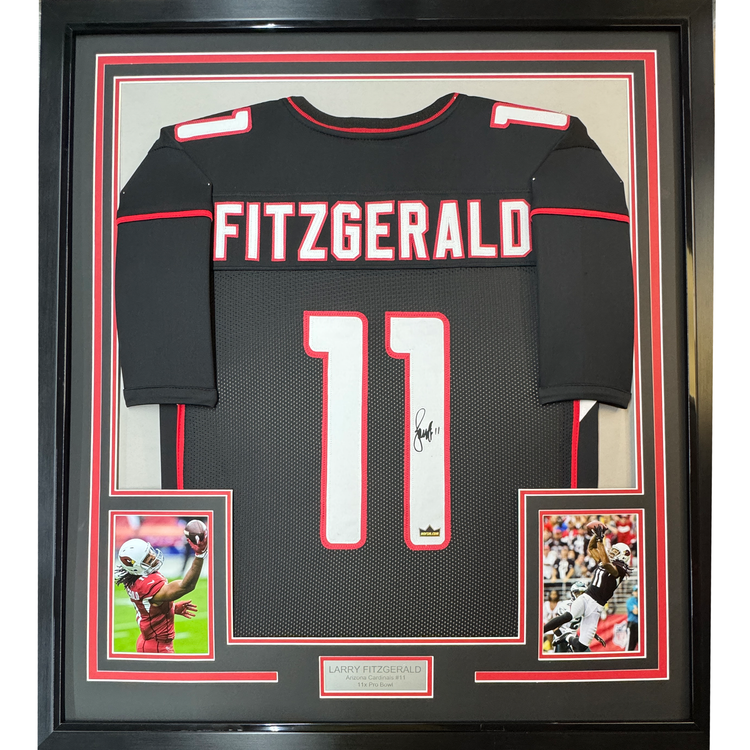 Framed Facsimile Autographed Larry Fitzgerald 35x39 Arizona Black Reprint Laser Auto Football Jersey