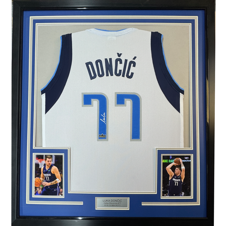 Framed Facsimile Autographed Luka Doncic 35x39 Dallas White Reprint Laser Auto Basketball Jersey
