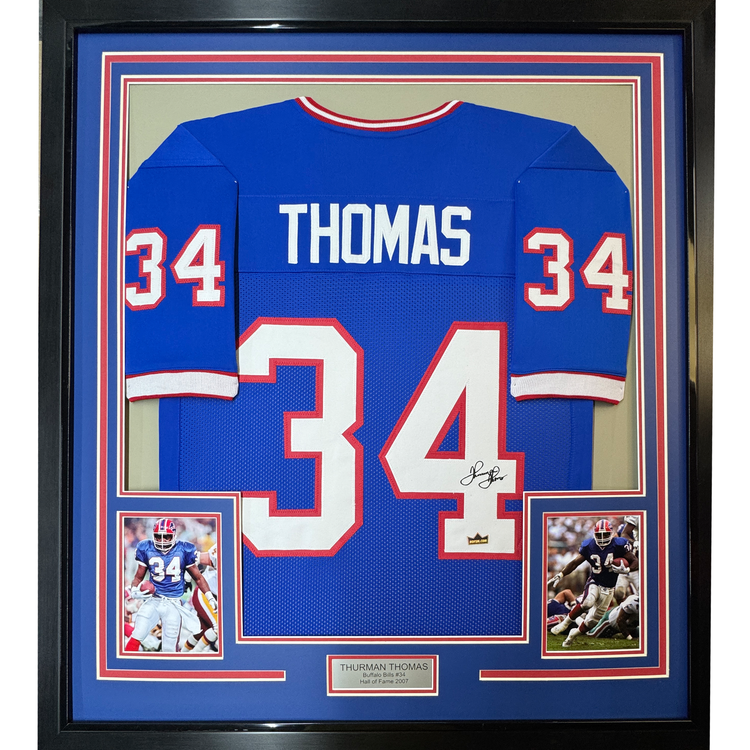 Framed Facsimile Autographed Thurman Thomas 35x39 Buffalo Blue Reprint Laser Auto Football Jersey