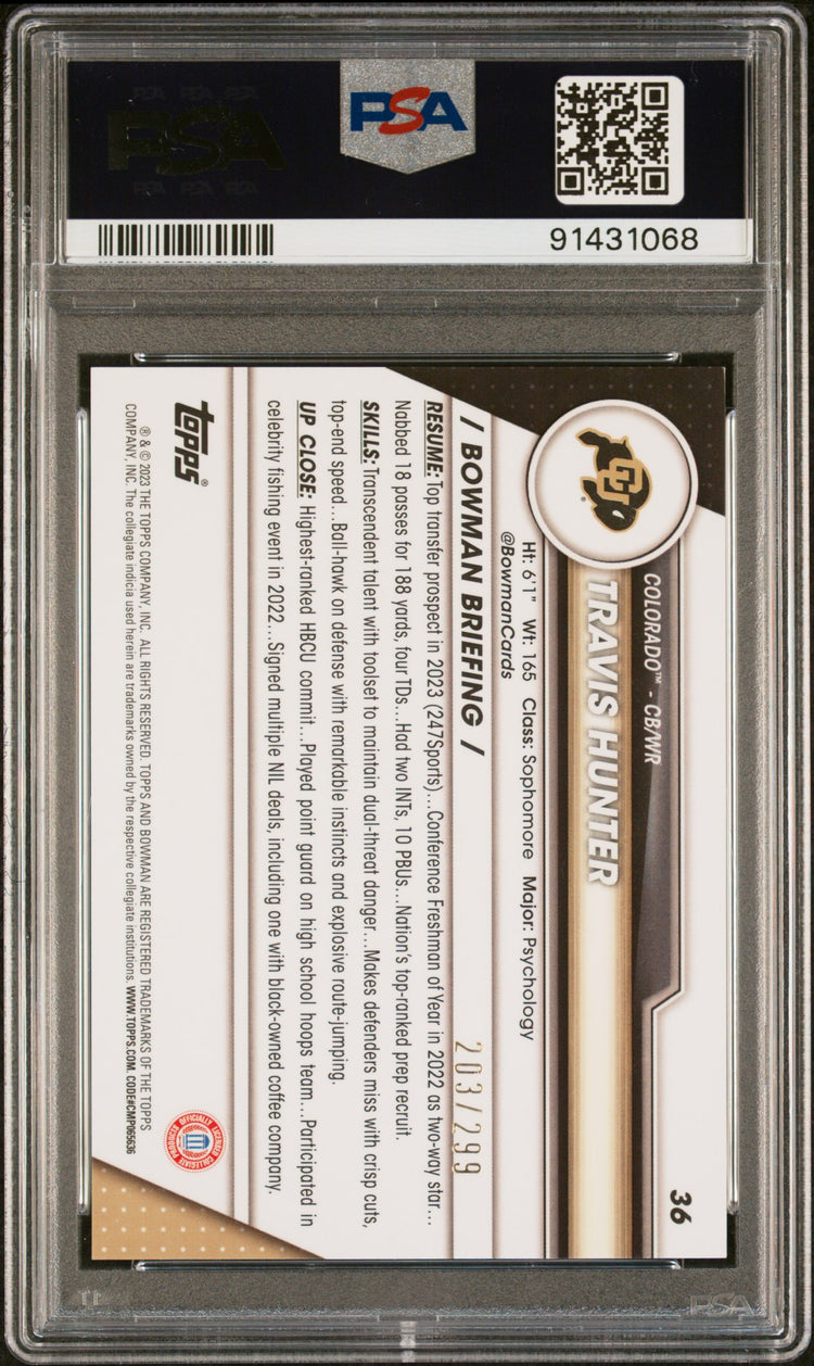 Graded 2023 Topps Bowman U Chrome Travis Hunter #36 Aqua #/299 Rookie RC Football Card PSA 9 Mint