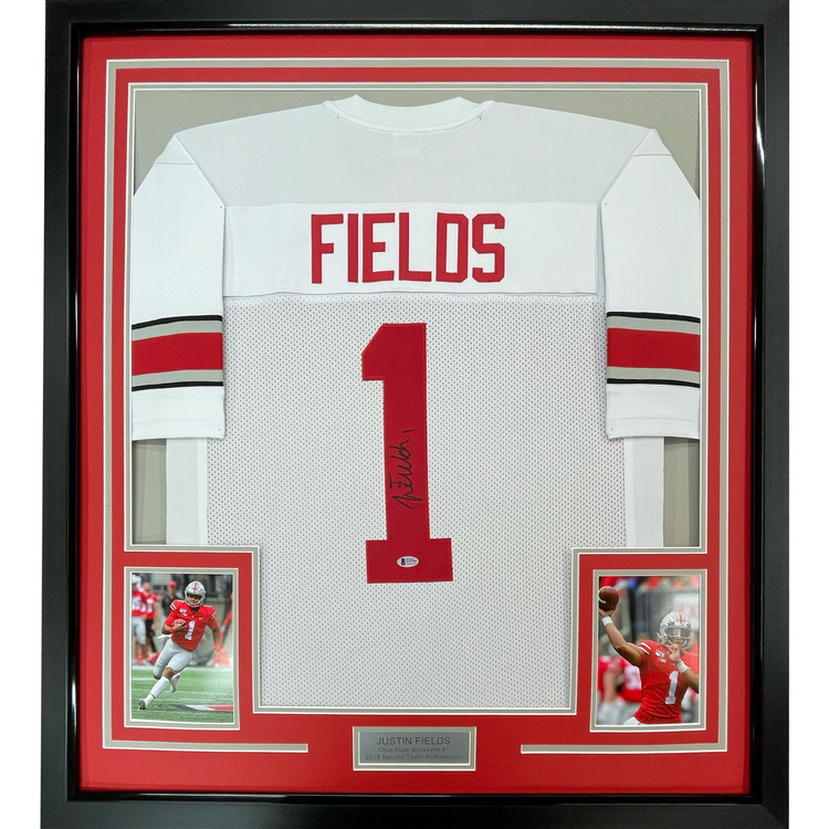 Framed Autographed/Signed Justin Fields 35x39 Ohio State White College Football Jersey Beckett BAS COA