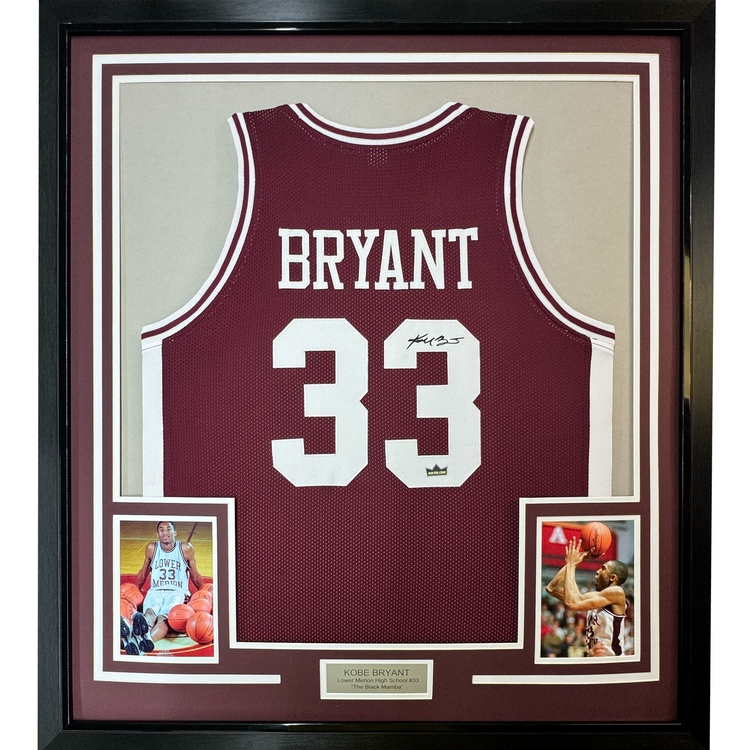 Framed Facsimile Autographed Kobe Bryant 35x39 Lower Merion Maroon Reprint Laser Auto High School Basketball Jersey