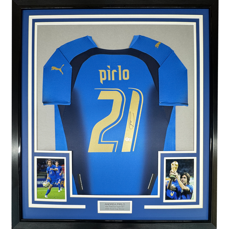 Framed Autographed/Signed Andrea Pirlo 35x39 Italy Blue Soccer Futbol Jersey Beckett BAS COA