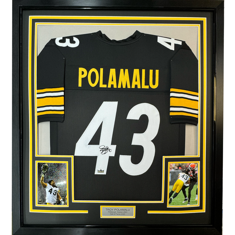 Framed Facsimile Autographed Troy Polamalu 35x39 Pittsburgh Black Reprint Laser Auto Football Jersey