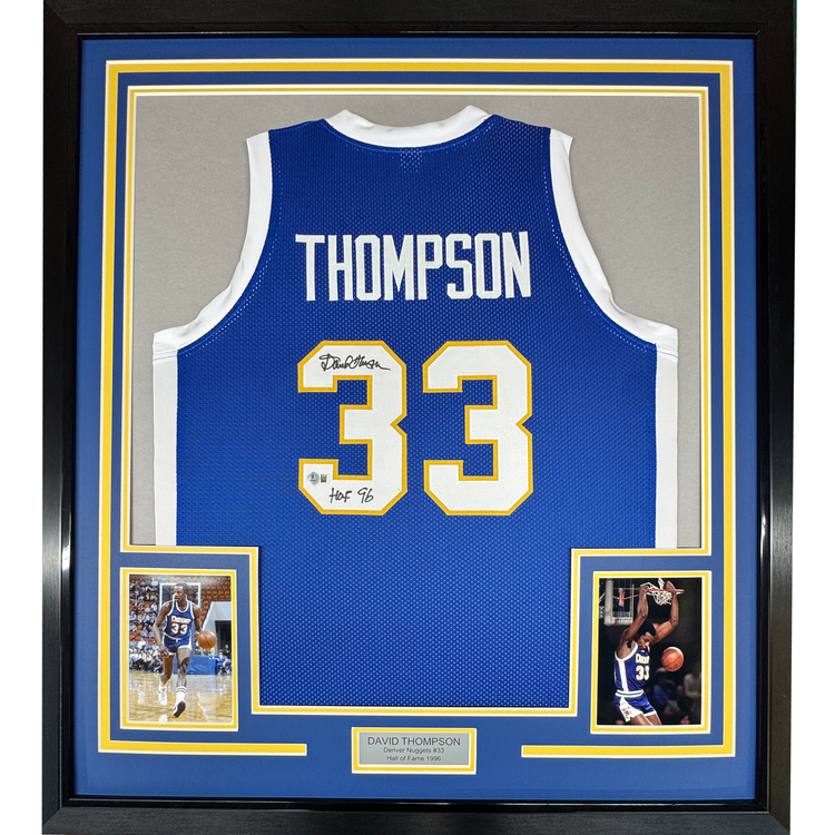 Framed Autographed/Signed David Thompson 35x39 HOF 96 Denver Blue Retro Rainbow Basketball Jersey Beckett BAS COA