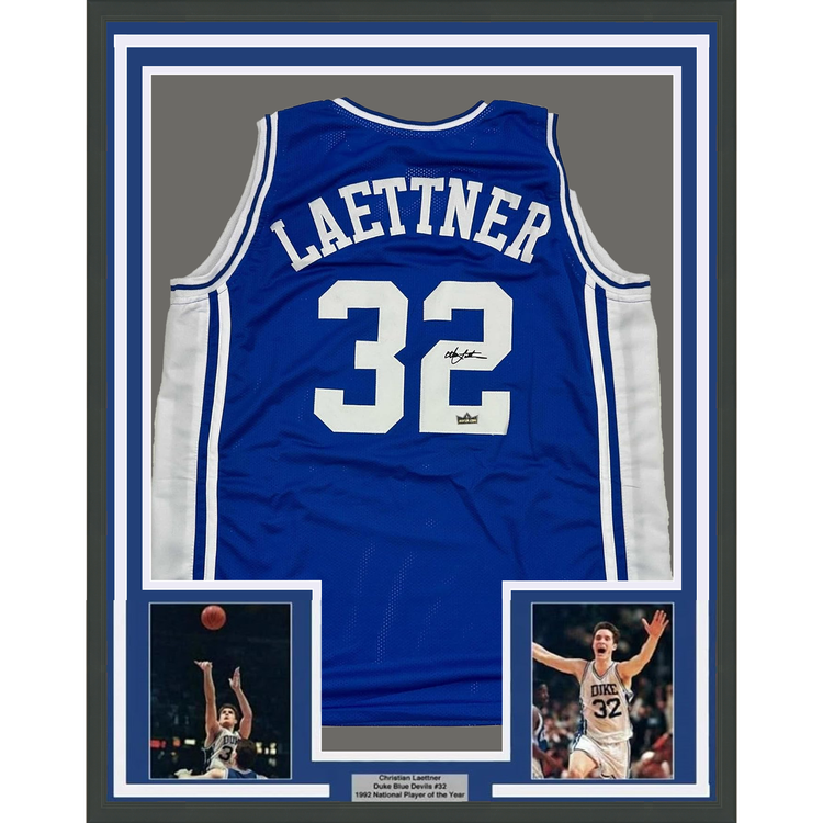 Framed Facsimile Autographed Christian Laettner 35x39 Duke Blue Reprint Laser Auto College Basketball Jersey