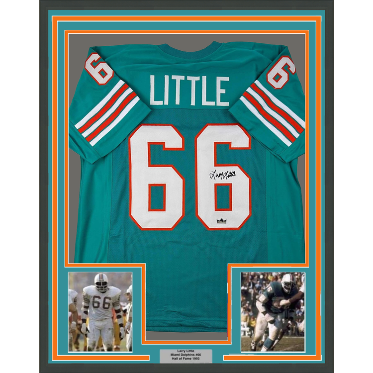 Framed Facsimile Autographed Larry Little 35x39 Miami Teal Reprint Laser Auto Football Jersey