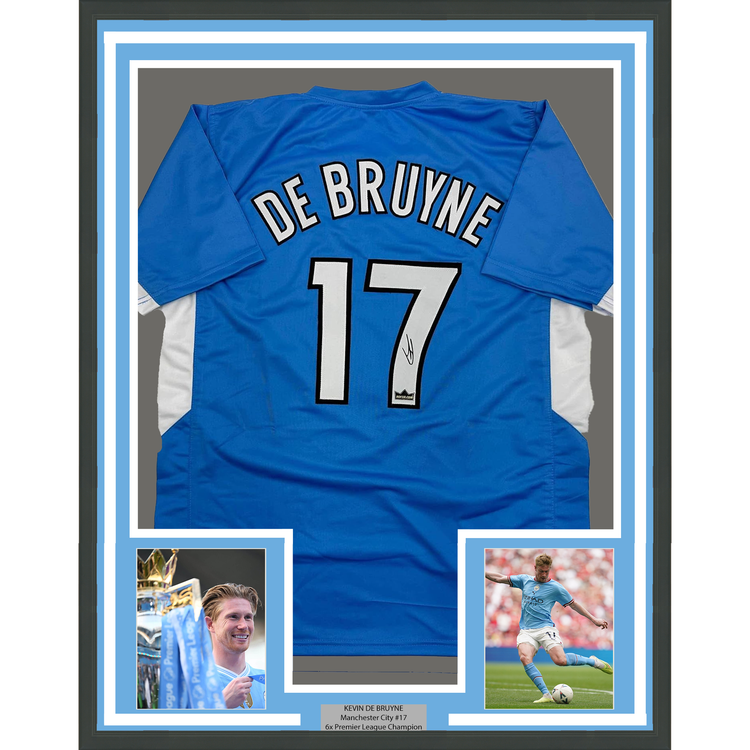 Framed Facsimile Autographed Kevin De Bruyne 35x39 Manchester City Blue Reprint Laser Auto Soccer Jersey