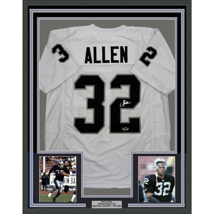 Framed Facsimile Autographed Marcus Allen 35x39 Oakland Las Vegas White Reprint Laser Auto Football Jersey