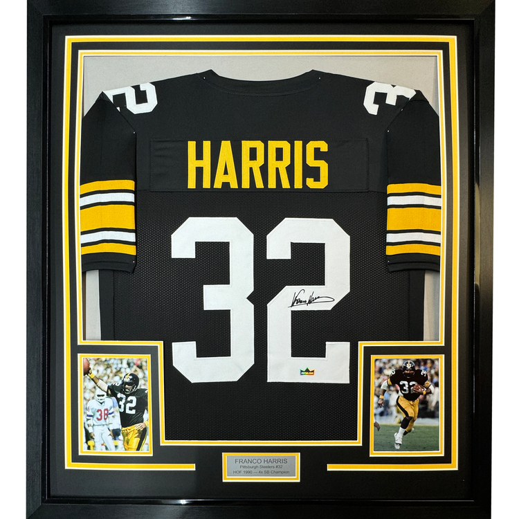 Framed Facsimile Autographed Franco Harris 35x39 Pittsburgh Black Reprint Laser Auto Football Jersey
