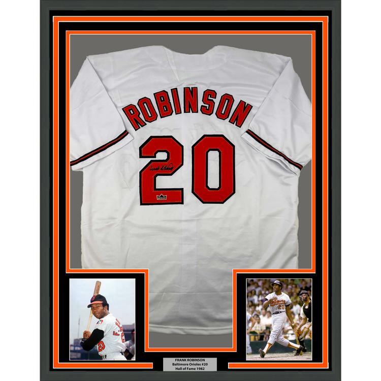 Framed Facsimile Autographed Frank Robinson 35x39 Baltimore White Reprint Laser Auto Baseball Jersey