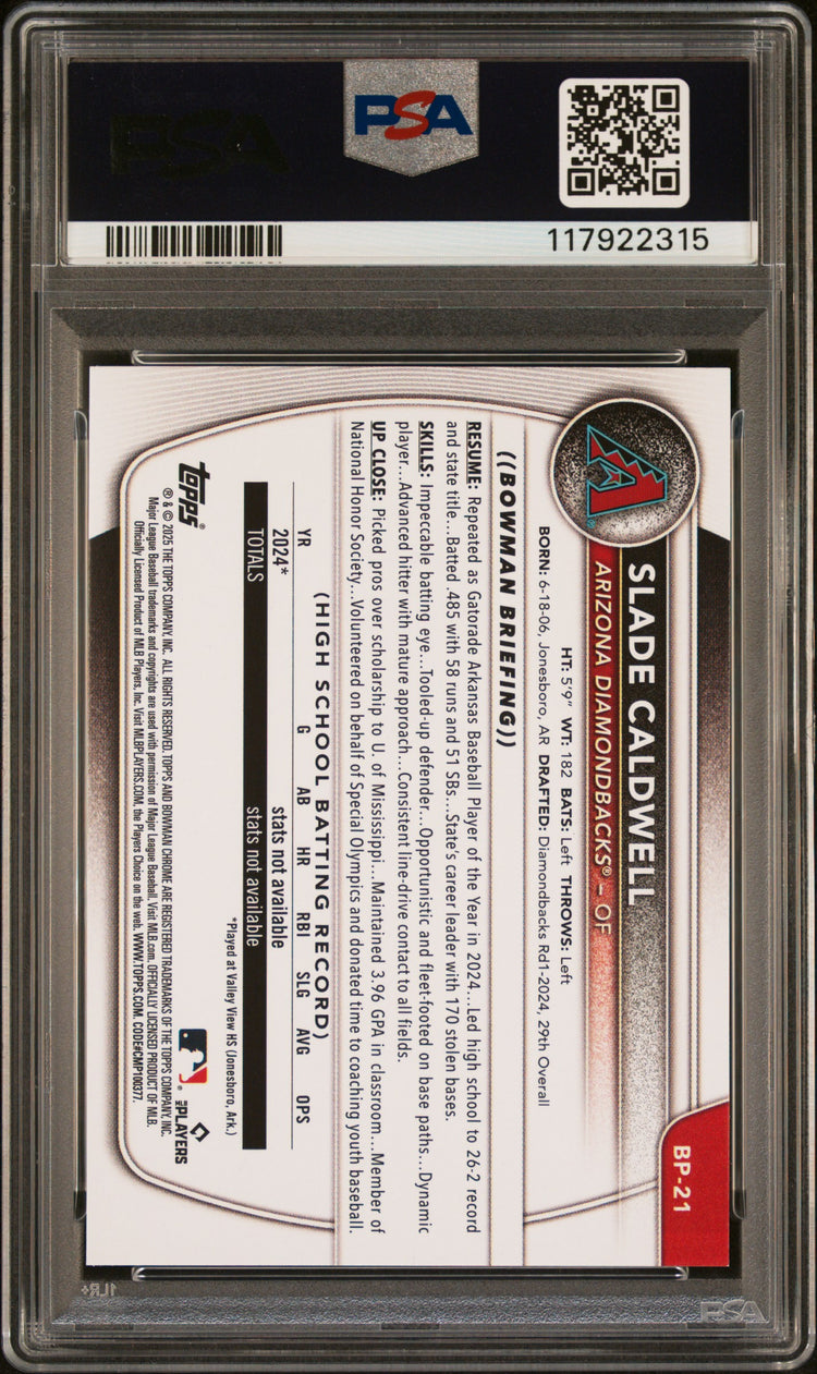 Graded 2025 Topps Bowman Slade Caldwell #BP21 Paper Prospects Rookie RC Baseball Card PSA 10 Gem Mint