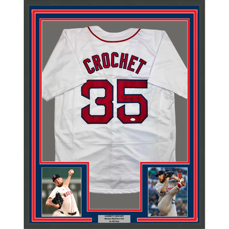Framed Autographed/Signed Garrett Crochet 35x39 Boston White Baseball Jersey JSA COA