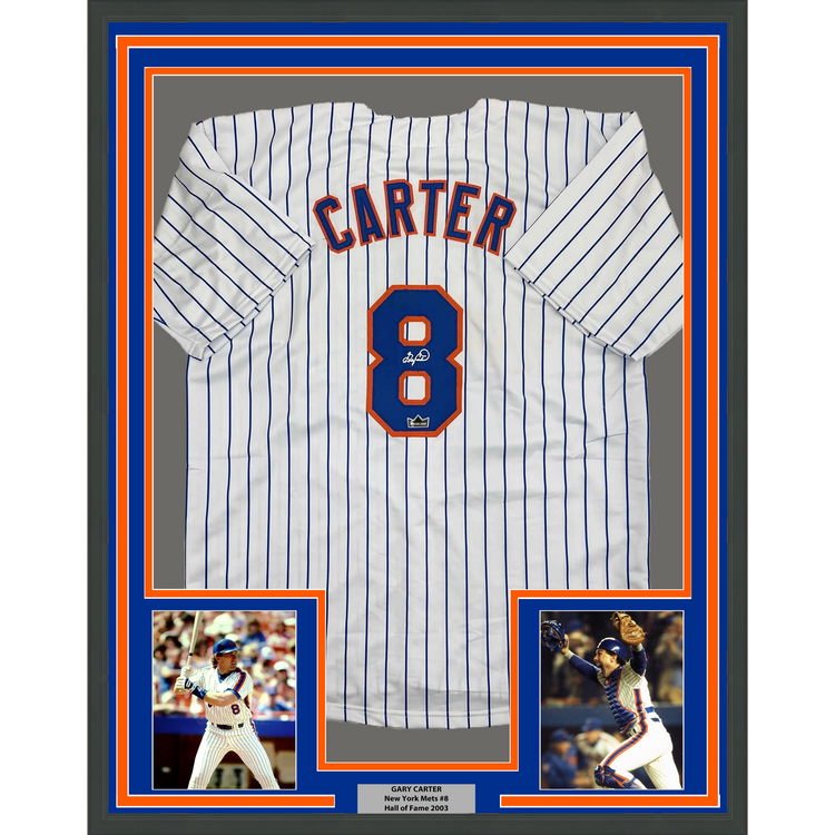 Framed Facsimile Autographed Gary Carter 35x39 New York Pinstripe Reprint Laser Auto Baseball Jersey