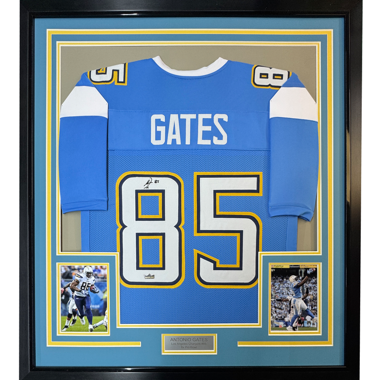 Framed Facsimile Autographed Antonio Gates 35x39 Los Angeles LA Powder Blue Reprint Laser Auto Football Jersey